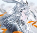  1girl absurdres animal_ears arknights blunt_bangs blurry blurry_background breathing depth_of_field from_side frostnova_(arknights) frozen gawako grey_eyes grey_hair hair_ornament hair_over_one_eye hairclip highres ice long_hair orange_armband parted_lips profile rabbit_ears rabbit_girl scar scar_on_face scar_on_nose solo steam upper_body 