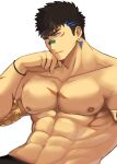  1boy abs armlet bandaid bandaid_on_face bandaid_on_nose bara black_hair blue_hair brown_eyes closed_mouth crave_saga earrings gae_bolg_(crave_saga) head_rest jewelry looking_ahead male_focus multicolored_hair muscular muscular_male nattukre nipples scar scar_on_cheek scar_on_chest scar_on_face short_hair simple_background solo streaked_hair topless_male two-tone_hair upper_body white_background 