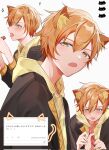  1boy animal_ears black_jacket cat_ears dated food hair_between_eyes highres hood hoodie jacket male_focus momiji_11_12 open_mouth orange_hair project_sekai shinonome_akito solo timestamp tongue tongue_out translation_request yellow_eyes yellow_hoodie 