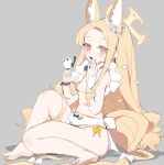  1girl absurdly_long_hair animal_ears bikini bird blonde_hair blue_archive blush bow cruciform_halo flower fox_ears full_body gradient_eyes grey_background hair_flower hair_ornament halo highres long_hair looking_at_viewer micro_bikini multicolored_eyes nemo_(leafnight) open_mouth parted_bangs pink_eyes pink_pupils seia_(blue_archive) sidelocks simple_background solo swimsuit very_long_hair white_bird white_flower yellow_bikini yellow_bow yellow_eyes yellow_halo 