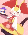  1girl animal_ear_fluff animal_ears animal_hands animal_nose apron arm_at_side black_fur blush body_fur bottle braixen cabbie_hat claws commentary_request cowboy_shot cropped_legs drink dutch_angle fang flat_chest fox_ears fox_girl fox_tail furry furry_female half-closed_eyes hand_up happy hat highres holding holding_drink holding_tray looking_at_viewer milk milk_bottle miltank mini_hat moomoo_milk multicolored_fur neck_fur necktie open_mouth poke_ball_symbol pokemon pokemon_(creature) pokemon_cafe_mix red_apron red_background red_eyes red_headwear red_necktie sakuyan_(sakuyan1007) skin_fang smile solo standing stick tail thick_thighs thighs tray waist_apron white_fur yellow_fur 