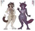anthro arm_tuft black_sclera blue_eyes brown_hair cheek_tuft crotch_tuft duo elbow_tuft facial_tuft felid female fur glistening glistening_eyes hair looking_at_viewer lostgoose mammal model_sheet nude open_mouth open_smile pink_eyes purple_body purple_fur purple_hair shoulder_tuft signature simple_background smile standing striped_arms striped_body striped_fur striped_legs stripes tan_body tan_fur tuft white_background