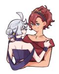  2girls ahoge bare_shoulders black_hairband blue_choker blue_dres blue_eyes choker dancing dress formal grey_hair gundam gundam_suisei_no_majo hair_between_eyes hair_ornament hair_up hairband hairpin hand_on_another&#039;s_back holding_hands jewelry looking_at_another miorine_rembran multiple_girls necklace nervous official_alternate_costume official_alternate_hairstyle red_dress red_hair suletta_mercury sweatdrop tiara upper_body vt104k white_background 