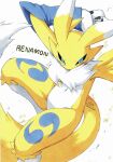 3_fingers akabane_jin ambiguous_gender anthro armwear bandai_namco black_sclera blue_eyes blush bridal_gauntlets claws clothing digimon digimon_(species) fingers fur hi_res looking_at_viewer navel renamon signature simple_background solo text tuft white_body white_fur yellow_body yellow_fur