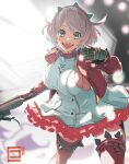  1girl absurdres ahoge blue_eyes boots bracelet breasts clover collar dress elphelt_valentine four-leaf_clover frilled_dress frills goh_penguins guilty_gear guilty_gear_strive gun hairband highres holding holding_gun holding_microphone holding_weapon huge_ahoge jacket jewelry large_breasts long_sleeves looking_at_viewer medium_hair microphone open_mouth pink_dress pink_footwear pink_hairband pink_jacket short_hair sideboob skull_print smile spiked_bracelet spiked_collar spiked_hairband spikes thigh_boots two-tone_dress weapon white_dress white_hair 