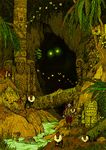  bug cave chameleon dinosaur fern forest giant_monster glowing glowing_eyes highres insect monkey monster mushroom nature original ruins scenery tiki_idol totem_pole uetsuji_shotaro_(ua2g) victorian 