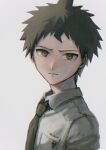  1boy absurdres ahoge breast_pocket brown_eyes brown_hair closed_mouth collared_shirt danganronpa_(series) danganronpa_2:_goodbye_despair green_necktie grey_shirt highres hinata_hajime lian_chou_zi_(rotsmell) looking_at_viewer looking_to_the_side male_focus necktie pocket shirt short_sleeves solo upper_body 