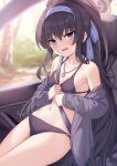  1girl bags_under_eyes bare_shoulders bikini black_bikini black_hair blue_archive blue_eyes blush breasts car_interior chinese_commentary cleavage collarbone commentary_request grey_sweater hairband halo highres jewelry long_hair long_sleeves looking_at_viewer navel necklace off_shoulder open_clothes open_mouth ponytail seatbelt shimokirin sidelocks sitting small_breasts solo stomach sweat sweater swimsuit thighs ui_(blue_archive) ui_(swimsuit)_(blue_archive) very_long_hair 