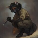 1:1 2023 anthro black_hair black_nose bottomwear brown_bottomwear brown_clothing brown_pants canid canine clothed clothing crouching dated fox fur glistening glistening_eyes grey_body grey_fur hair holding_knife holding_object knife looking_at_viewer lostgoose male mammal open_mouth open_smile orange_body orange_fur pants signature simple_background smile solo three-quarter_view topwear yellow_clothing yellow_topwear