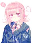  1girl anger_vein black_jacket black_shirt blush_stickers danganronpa_(series) danganronpa_2:_goodbye_despair dress_shirt flipped_hair frown galaga hair_ornament hands_up highres hood hooded_jacket jacket long_sleeves looking_at_viewer nanami_chiaki neck_ribbon open_clothes open_jacket pink_eyes pink_ribbon pout reicheru_(soyball666) ribbon shirt simple_background sleeves_past_wrists solo white_background white_shirt 