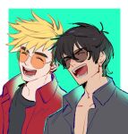  2boys ^_^ black_hair black_shirt blonde_hair closed_eyes commentary_request earrings green_background jewelry lowres male_focus mole mole_under_eye multiple_boys nicholas_d._wolfwood open_mouth raine_(acke2445) red_shirt shirt short_hair simple_background smile sunglasses t-shirt trigun trigun_stampede upper_body vash_the_stampede 