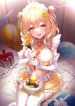  1girl :d absurdres ahoge anto_mel aria_(koiiroharemoyou) blurry blurry_background blush box breasts cake candle cleavage detached_collar detached_sleeves double-parted_bangs double_bun eyelashes feet_out_of_frame flower food frilled_skirt frills gift gift_box hair_between_eyes hair_bun hands_up happy happy_birthday heart heart-shaped_pupils heart_ahoge highres holding holding_flower huge_breasts indie_virtual_youtuber indoors knees_together_feet_apart looking_at_viewer maid maid_headdress medium_hair miniskirt mole mole_under_eye navel necktie on_bed open_mouth orange_flower orange_hair orange_necktie orange_skirt short_necktie sitting skirt sleeves_past_wrists smile solo sparkling_eyes symbol-shaped_pupils thighhighs virtual_youtuber white_sleeves white_thighhighs yellow_eyes yellow_flower 