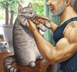  1boy black_tank_top cat curtains grey_hair indoors leaf male_focus matataku muscular muscular_male old old_man open_mouth original plant potted_plant smile solo surprised_cat_(matataku) table tank_top veins veiny_arms window 