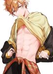  1boy abs black_jacket black_pants blonde_hair clothes_lift earrings highres hood hoodie jacket jewelry long_sleeves male_focus momiji_11_12 mouth_hold multicolored_hair muscular muscular_male navel navel_piercing orange_hair pants piercing project_sekai shinonome_akito shirt_lift solo stomach yellow_eyes yellow_hoodie 