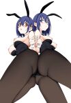  2girls absurdres animal_ears ass back-to-back bare_shoulders black_leotard blue_eyes blue_hair blush breasts brown_eyes closed_mouth fake_animal_ears fingernails hair_ornament hairclip highres hoshizuki_kaede hoshizuki_suzu interlocked_fingers kaede_to_suzu kyokucho leotard looking_at_viewer medium_breasts multiple_girls nipples open_mouth pantyhose rabbit_ears scan simple_background small_breasts teeth upper_teeth_only white_background 