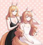  2girls absurdres animal_ears arknights avi_(baltika_seven) bare_shoulders black_dress blemishine_(arknights) blonde_hair blue_eyes blush breasts bright_pupils brushing_another&#039;s_hair brushing_hair cleavage dotted_background dress highres horse_ears horse_girl horse_tail long_hair medium_breasts multiple_girls rubbing_eyes simple_background sitting sleep_bubble sleeveless sleeveless_dress small_breasts smile spaghetti_strap tail very_long_hair whislash_(arknights) white_dress white_pupils yellow_eyes 