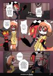 absurd_res anthro biped canid canid_demon clothed clothing comic demon detailed_background dialogue female group hellhound hi_res humanoid imp jizoku male mammal red_body red_sclera speech_bubble trio white_eyes yellow_sclera