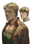 1boy absurdres bara blonde_hair brown_jacket chest_belt facial_hair goggles goggles_on_head green_shirt highres jacket large_pectorals looking_at_viewer male_focus muscular muscular_male open_clothes open_jacket pectorals reiner_braun shingeki_no_kyojin shirt short_hair simple_background solo thisuserisalive white_background yellow_eyes 