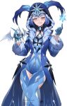  absurdres blue_bodysuit blue_coat blue_eyes blue_gloves blue_hair bodysuit cicin_(genshin_impact) cicin_mage_(genshin_impact) coat collar cryo_cicin_mage_(genshin_impact) delusion_(genshin_impact) fur_trim genshin_impact gloves heart heart-shaped_pupils highres short_hair smug symbol-shaped_pupils tongue tongue_out white_background xyrenity 