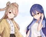  2girls banajerry blonde_hair blue_hair blue_shirt bow cardigan highres long_hair looking_at_viewer love_live! minami_kotori multiple_girls shirt side_ponytail simple_background smile sonoda_umi white_shirt yellow_eyes 