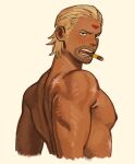  1boy back bara beard_stubble blonde_hair blush cigar cropped_torso dark-skinned_male dark_skin hair_slicked_back highres jakkenpoy lipstick_mark lipstick_mark_on_face male_focus medium_hair mouth_hold muscular muscular_male mustache_stubble nipples one_piece open_mouth paulie pectorals scar scar_on_back scar_on_chest scar_on_shoulder simple_background solo topless_male yellow_background 