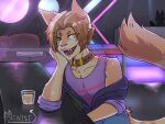 anthro catnistmiwari(artist) clothed clothing colored detailed_background digital_media_(artwork) domestic_cat fan_character felid feline felis fullcolor hair hi_res male mammal neon neon_lights nightclub smile solo tail