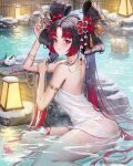  1girl armlet bare_shoulders black_hair blush bracelet bucket creature flower flower_ornament foot_out_of_frame hair_flower hair_ornament hair_rings hair_stick highres jade_moon jewelry lantern leaning_on_object legs long_hair looking_at_viewer looking_back multicolored_hair onsen outdoors parted_hair red_eyes red_hair sangoku_taisen_smash! see-through sitting snow snowing solo towel two-tone_hair very_long_hair water water_drop wet wet_towel white_towel wooden_bucket 