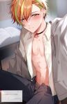  1boy abs black_choker black_pants blonde_hair blush book choker closed_mouth dated earrings green_hair highres jewelry male_focus male_underwear momiji_11_12 muscular muscular_male open_clothes open_shirt orange_hair pants pen project_sekai shinonome_akito shirt solo timestamp translation_request underwear white_shirt yellow_eyes 