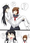  2koma :d :o =_= black_hair blush brown_eyes brown_hair carrying comic female_admiral_(kantai_collection) folded_ponytail hand_on_own_chest hands_on_own_cheeks hands_on_own_face hat highres inazuma_(kantai_collection) kantai_collection military military_uniform multiple_girls naval_uniform niwatazumi open_mouth pants peaked_cap pleated_skirt princess_carry school_uniform serafuku skirt smile tatebayashi_sakurako translated uniform white_pants 