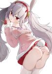  1girl absurdres animal_ears ass azur_lane camisole carrot commentary cowboy_shot fake_animal_ears fake_tail food from_behind grey_hair hair_between_eyes hairband highres holding holding_carrot holding_food jacket laffey_(azur_lane) long_hair long_sleeves looking_at_viewer miniskirt panties parted_lips pink_jacket pleated_skirt rabbit_ears rabbit_tail red_eyes red_hairband red_skirt semisweet simple_background skirt solo strap_slip striped striped_panties tail thighhighs twintails underwear very_long_hair white_background white_thighhighs 