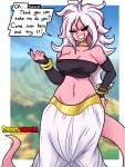 absurd_res alien alien_humanoid android_21 armwear big_breasts big_hair black_nails black_sclera blush blush_lines bottomwear bracelet breasts cleavage clothed clothing colored_nails dialogue dragon_ball eyelashes female grey_armwear grey_clothing grey_topwear hair hand_on_hip hi_res humanoid humanoid_pointy_ears jewelry long_tail majin nails navel necklace pink_body red_eyes silenttandem smile solo speech_bubble tail tailed_humanoid text topwear white_bottomwear white_clothing white_hair wide_hips