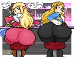 bar big_breasts big_butt black_bottomwear black_clothing black_pants blonde_hair blue_clothing blue_eyes blue_topwear bottomwear bracelet breasts brown_clothing brown_gloves brown_handwear butt clothed clothing dialogue dress duo eyelashes female furniture gloves hair handwear hi_res huge_butt humanoid humanoid_pointy_ears hylian jewelry long_hair looking_at_viewer looking_back looking_back_at_viewer nintendo pants pink_clothing pink_dress princess_zelda question_mark rear_view silenttandem sitting speech_bubble stool talking_to_viewer tan_body tan_skin text the_legend_of_zelda thick_thighs topwear wide_hips