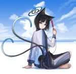  1girl animal_ears barefoot black_skirt blue_archive blue_halo cat_ears cat_tail closed_mouth food grey_hair halo haori holding holding_food japanese_clothes kikyou_(blue_archive) long_hair long_sleeves looking_at_viewer multiple_tails pleated_skirt red_eyes skirt slow_2pin solo tail two_tails 