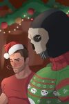  2boys absurdres alternate_costume bara black_hair blush call_of_duty call_of_duty:_modern_warfare_2 candy candy_cane christmas christmas_tree facial_hair food from_side ghost_(modern_warfare_2) girl_staring_at_guys_chest_(meme) hat highres kiro_(kirokadura) large_pectorals looking_at_another looking_at_pectorals looking_down male_focus mask mature_male meme multiple_boys muscle_envy muscular muscular_male nervous_sweating pectorals profile santa_hat short_hair skull_mask skull_print soap_(modern_warfare_2) stubble sweat sweater thick_eyebrows undercut upper_body yaoi 