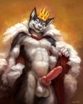 anthro balls biped black_body black_fur blue_eyes canid canine canis cape cape_only claws clothing crown domestic_dog erection fangs finger_claws front_view fur genitals grey_body grey_fur headgear hi_res humanoid_genitalia humanoid_penis husky hybrid_genitalia hybrid_penis king klongi knot knotted_humanoid_penis low-angle_view male mammal mostly_nude nordic_sled_dog open_mouth penis royalty shaded signature smile snout solo spitz standing teeth white_body white_fur