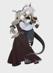  2girls absurdres alina_(arknights) animal_ears antlers arknights ascot avi_(baltika_seven) black_ascot blush brown_dress brown_hair closed_eyes deer_antlers deer_ears deer_girl deer_tail dragon_girl dragon_horns dragon_tail dress epaulettes grey_hair hair_intakes hair_ornament hairclip highres holding_hands holster horns long_sleeves multiple_girls official_alternate_costume open_mouth pinafore_dress short_hair simple_background sleeveless sleeveless_dress smile tail tail_through_clothes talulah_(arknights) talulah_the_fighter_(arknights) teeth thigh_holster upper_teeth_only white_background yuri 