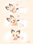  !? &gt;_&lt; 1other ? afterimage blush brown_eyes closed_eyes closed_mouth commentary_request flying_sweatdrops highres holding holding_pokemon motion_lines mugita_konomi open_mouth pichu pokemon pokemon_(creature) signature tearing_up thumb_sucking tongue 