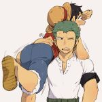  2boys :d akr29 anger_vein annoyed ass bandana bandana_around_arm black_bandana black_eyes black_hair blue_shorts carrying_over_shoulder earrings feet_out_of_frame green_hair grey_background haramaki hat hat_on_back highres jewelry looking_to_the_side male_focus monkey_d._luffy multiple_boys one_armed_carry one_eye_closed one_piece pectoral_cleavage pectorals roronoa_zoro sandals scar scar_on_cheek scar_on_face shirt short_hair shorts sideburns simple_background single_earring smile straw_hat tight_clothes tight_shirt toned toned_male upper_body white_shirt 