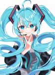  1girl absurdres ahoge blue_eyes blue_hair blush collared_shirt detached_sleeves hair_ornament hatsune_miku headphones headset highres long_hair long_sleeves looking_at_viewer nail_polish rooibos shirt skirt sleeveless sleeveless_shirt smile solo twintails v v_over_mouth very_long_hair vocaloid 