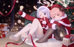  2girls absurdres bell bingchuan_xian_yu_huang black_gloves black_pantyhose blue_archive blue_eyes box breasts christmas_tree closed_mouth commentary full_body fur-trimmed_headwear fur_trim gift gift_box gloves hair_bobbles hair_ornament halo hanae_(blue_archive) hanae_(christmas)_(blue_archive) hat highres holding holding_bell knees_up large_breasts legs long_hair long_sleeves looking_at_viewer miniskirt multiple_girls no_shoes official_alternate_costume one_eye_closed open_mouth pantyhose pink_eyes pink_hair pink_halo plaid plaid_skirt purple_hair red_gloves red_headwear red_ribbon red_skirt red_sweater ribbon santa_hat serina_(blue_archive) serina_(christmas)_(blue_archive) sitting skirt smile soles sweater symbol-only_commentary teeth thighband_pantyhose toes upper_teeth_only white_pantyhose yellow_halo 