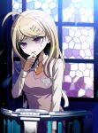  1girl ahoge akamatsu_kaede artist_name blonde_hair danganronpa_(series) danganronpa_v3:_killing_harmony hair_ornament hand_on_own_chin hand_up indoors long_hair long_sleeves mikao_(eanv5385) mosaic_art musical_note musical_note_hair_ornament necktie orange_necktie pink_sweater_vest pleated_skirt purple_eyes purple_skirt shirt skirt solo sweat sweater_vest white_shirt window 