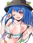  absurdres alternate_costume bikini blue_hair blush breasts food frills front-tie_top fruit hat highres hinanawi_tenshi long_hair medium_breasts one_eye_closed open_mouth peach red_eyes simple_background smile solo strap_slip swimsuit touhou velia white_background 