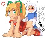  1girl ? android blonde_hair doggystyle dress green_eyes green_ribbon hair_ribbon herukerua highres long_hair mega_man_(classic) mega_man_(series) open_mouth panties ponytail red_dress red_footwear red_skirt ribbon roll_(mega_man) sex skirt translation_request underwear white_background 