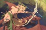  1girl arrow_(projectile) bigrbear black_thighhighs blonde_hair blue_eyes bow_(weapon) breasts chinese_clothes cleft_of_venus commentary dragon elbow_gloves elf gloves green_gloves highres large_breasts long_hair navel nipples original pointy_ears single_glove single_thighhigh thighhighs weapon 