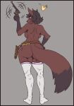 anthro big_breasts border breasts canid canine clothing female fox gun hair handgun huge_breasts kanako_(undertale_yellow) legwear mammal mostly_nude ranged_weapon red_border revolver side_boob signirsol solo stockings tail thick_thighs undertale_(series) undertale_yellow weapon wide_hips