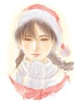 1girl absurdres braid brown_eyes christmas closed_mouth dated gloves hair_between_eyes hat highres kohji ling_shen_hua lips looking_at_viewer parted_bangs portrait roman_numeral santa_costume santa_hat scarf shenmue signature simple_background solo twin_braids white_gloves white_scarf 