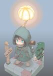  1girl absurdres backpack bag bedroll black_hair blue_background blue_eyes boots buttons canteen chibi coat diorama expressionless glowing gradient_background green_coat highres hood hood_up hooded_coat oonuma_hiroshi original plant scarf sign signpost snail solo standing 