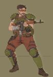  1boy armor assault_rifle belt black_hair boots bulletproof_vest facial_hair fallout_1 frown gun hand_wraps handgun hat_legs highres kalashnikov_rifle looking_to_the_side mustache pip_boy rifle shaved_head shoulder_armor sunglasses weapon wrist_computer 