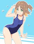  +_+ 1girl bare_arms bare_legs bare_shoulders blue_background blue_one-piece_swimsuit brown_hair collarbone colored_inner_hair commentary cowboy_shot flat_chest green_eyes grin hair_intakes highres leaning_to_the_side multicolored_hair new_school_swimsuit noyama_takenoko oka_asahi one-piece_swimsuit onii-chan_wa_oshimai! orange_hair outline school_swimsuit short_hair simple_background smile solo swimsuit two-tone_hair two_side_up water_drop white_outline 