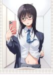  1girl absurdres black_hair blazer blue_necktie blush ear_piercing glasses highres holding holding_phone industrial_piercing jacket kiona_(giraffe_kiona) lapels long_hair long_sleeves looking_at_viewer navel navel_piercing necktie open_clothes open_jacket original phone piercing school_uniform shirt smile solo tongue tongue_out tongue_piercing 